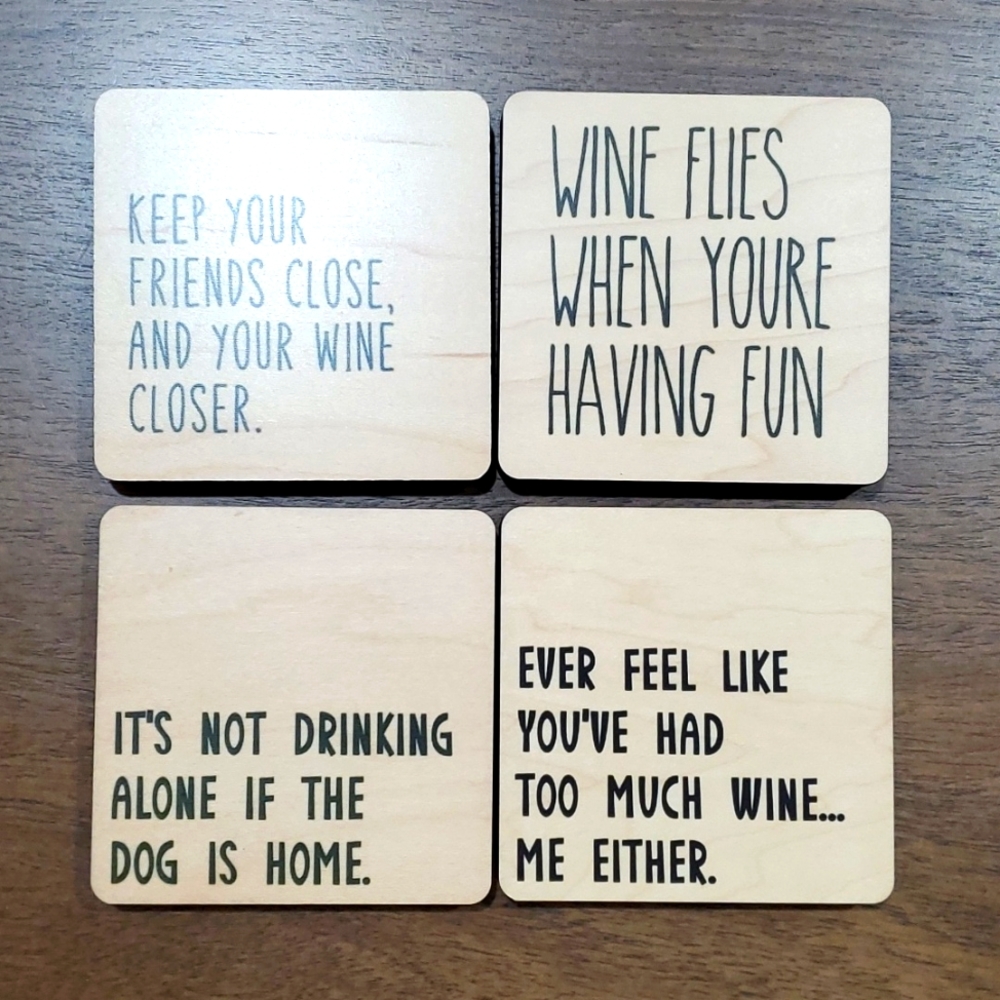 Wooden Wine Coaster Set of 4 with Humorous Quotes